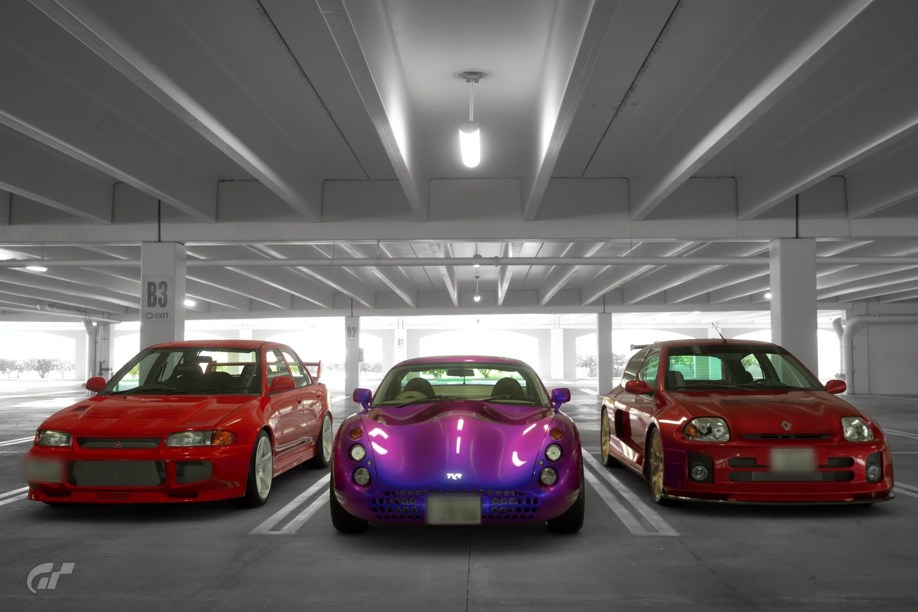 GT7のガレージに並ぶランサーエボリューション、TVRタスカンS、ルノー クリオV6