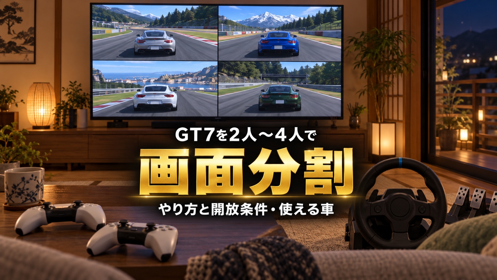 GT7の画面分割対戦のやり方|2人〜4人で遊べる開放条件と設定、ガレージのクルマを使う手順